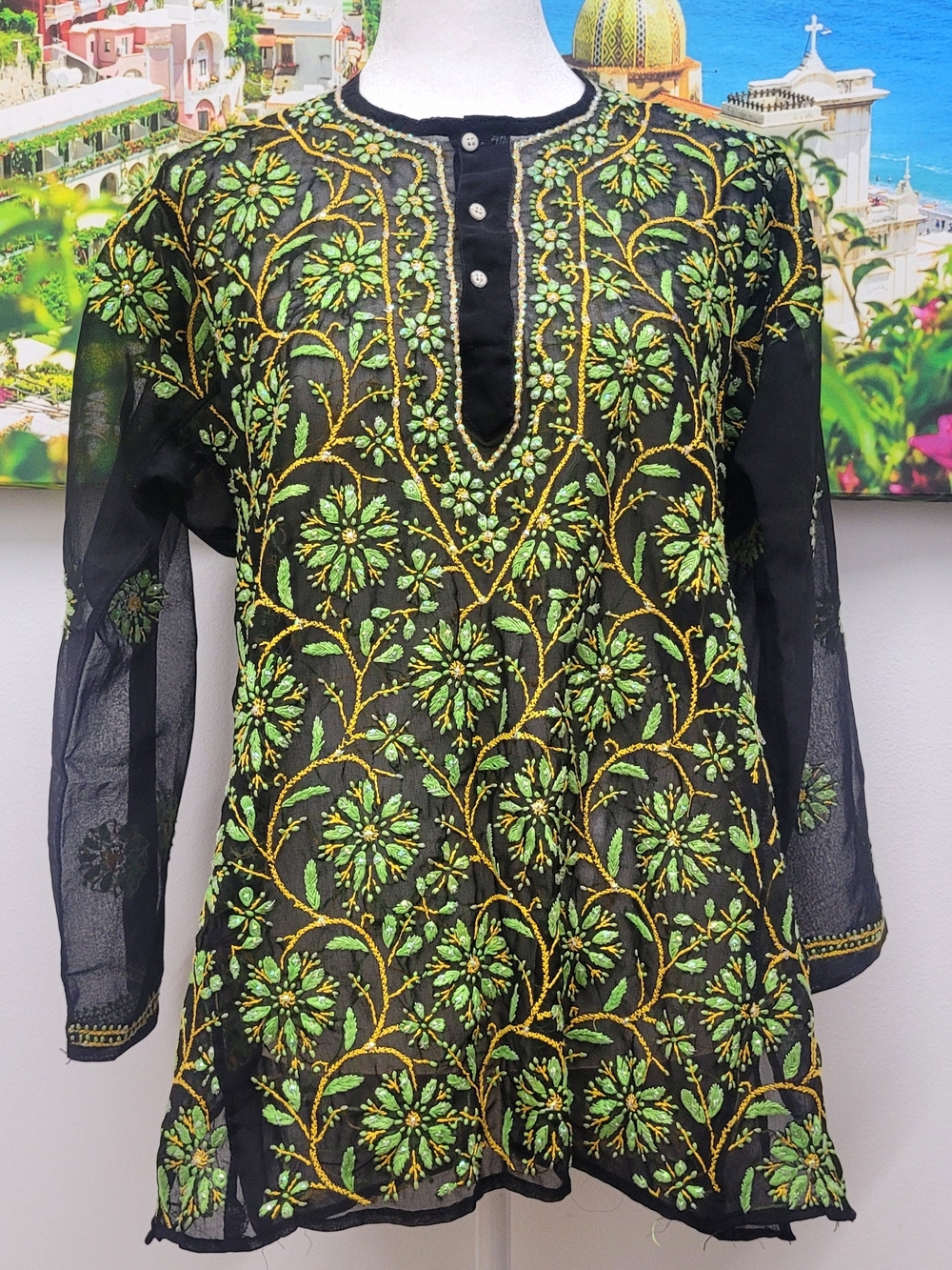 Black Sheer Tunic with Green & Gold Floral Embroidery &  Sequins